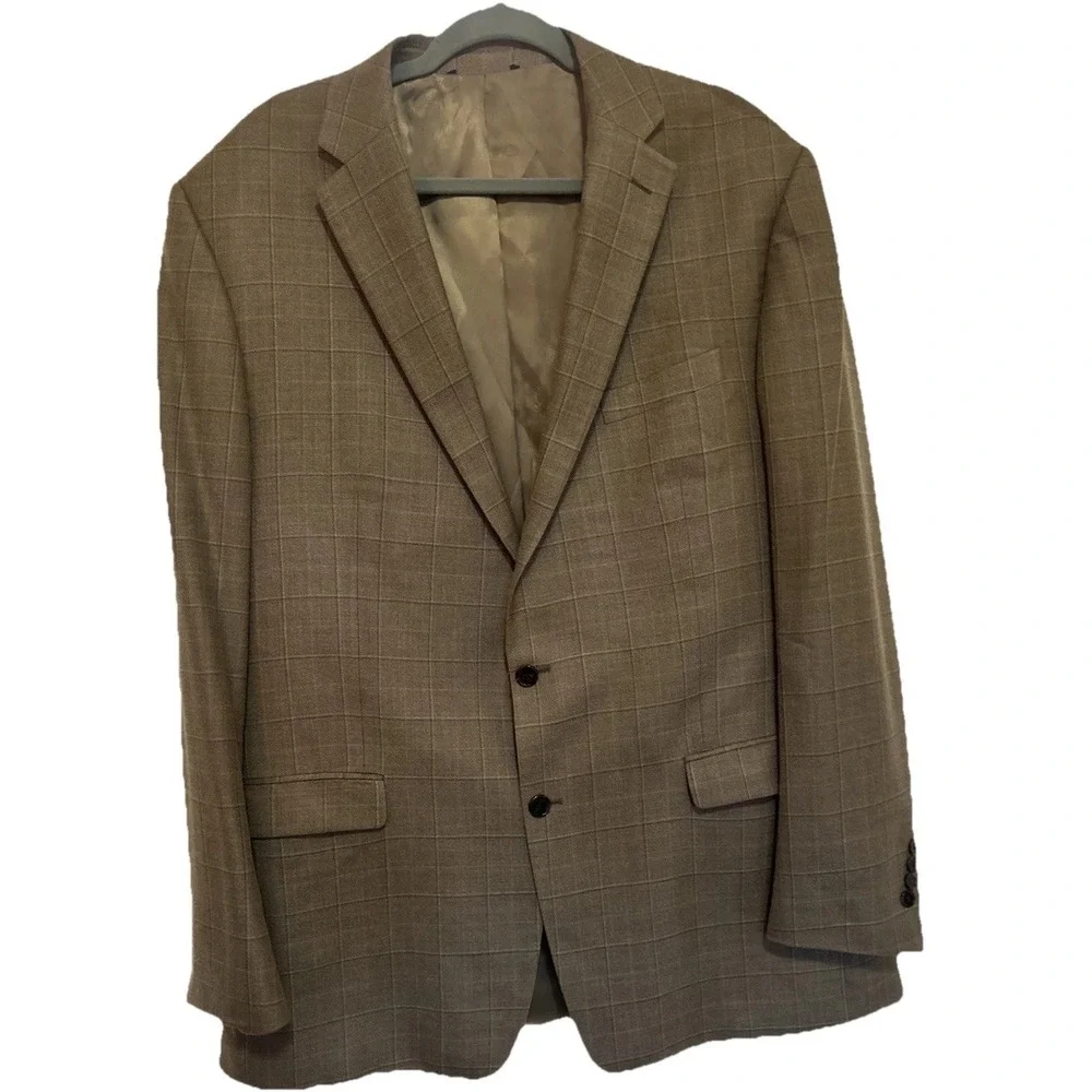 Ralph Lauren Sport Coat Mens 46R‎ Silk Wool Blazer Gold Brown Plaid Excellent